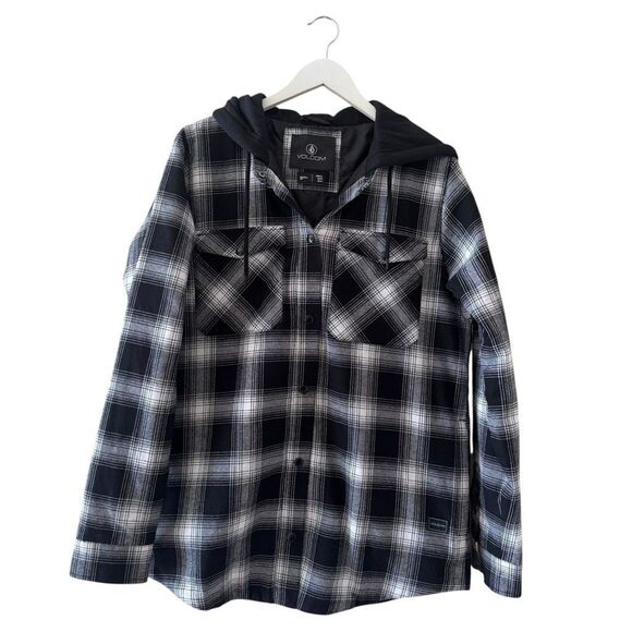 Volcom Hooded Black White Checkered Cotton Blend Ski Snowboard Lightweight Pocke - Picture 1 of 13